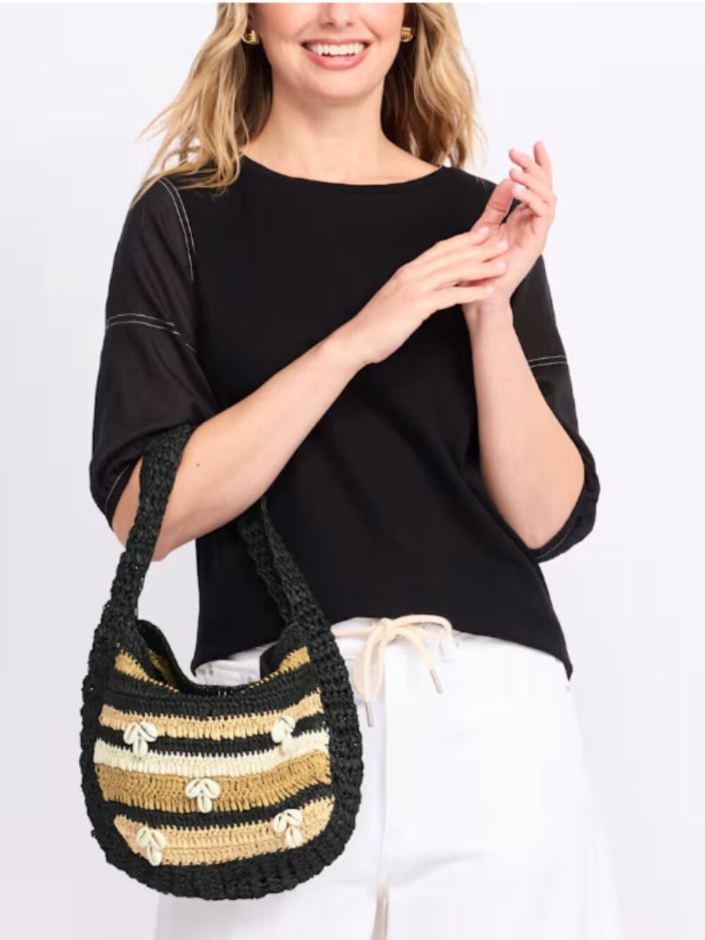 Free People Belize Shell Clutch, Black, Tan, Ivory Raffia Straw Handbag, NWT